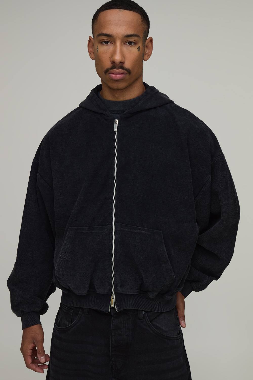 Oversized Boxy Drop Shoulder Loopback Wash Zip Through Hoodie | Washed Black | Size Medium