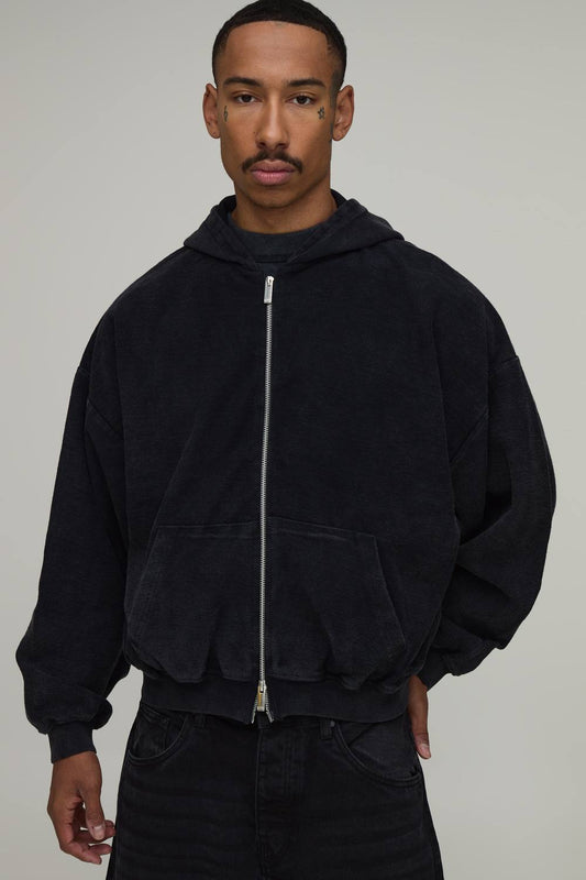 Oversized Boxy Drop Shoulder Loopback Wash Zip Through Hoodie | Washed Black | Size Medium