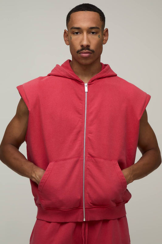Oversized Boxy Sleeveless Padded Shoulder Wash Zip Hoodie | Red | Size Medium