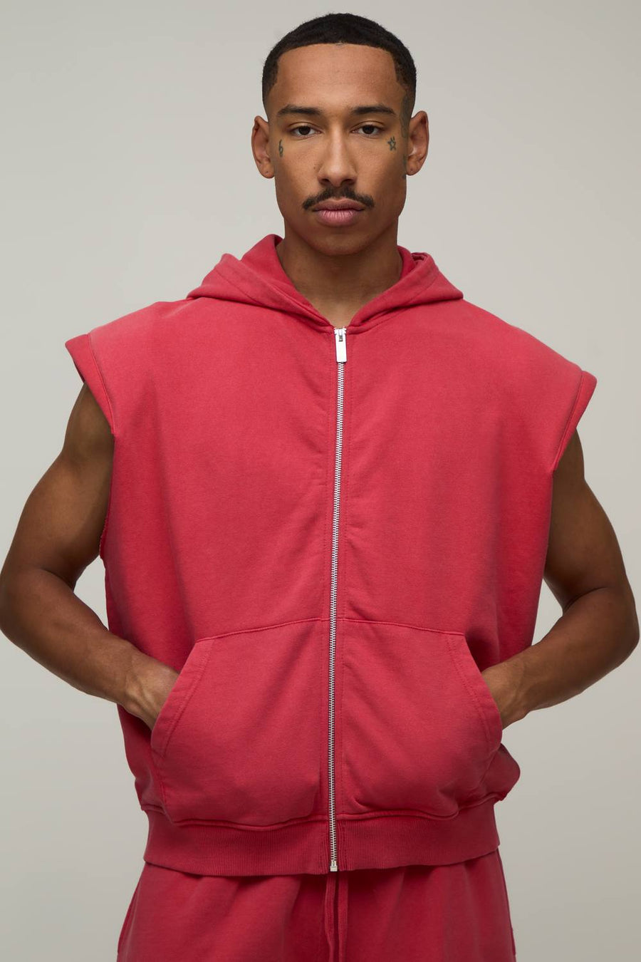 Oversized Boxy Sleeveless Padded Shoulder Wash Zip Hoodie | Red | Size Medium