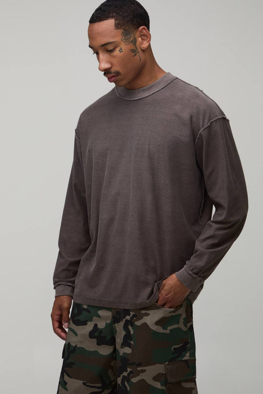 Men's Oversized Washed Exposed Seams Long Sleeve T-Shirt | Brown | Size X-Small | BOOHOOMAN