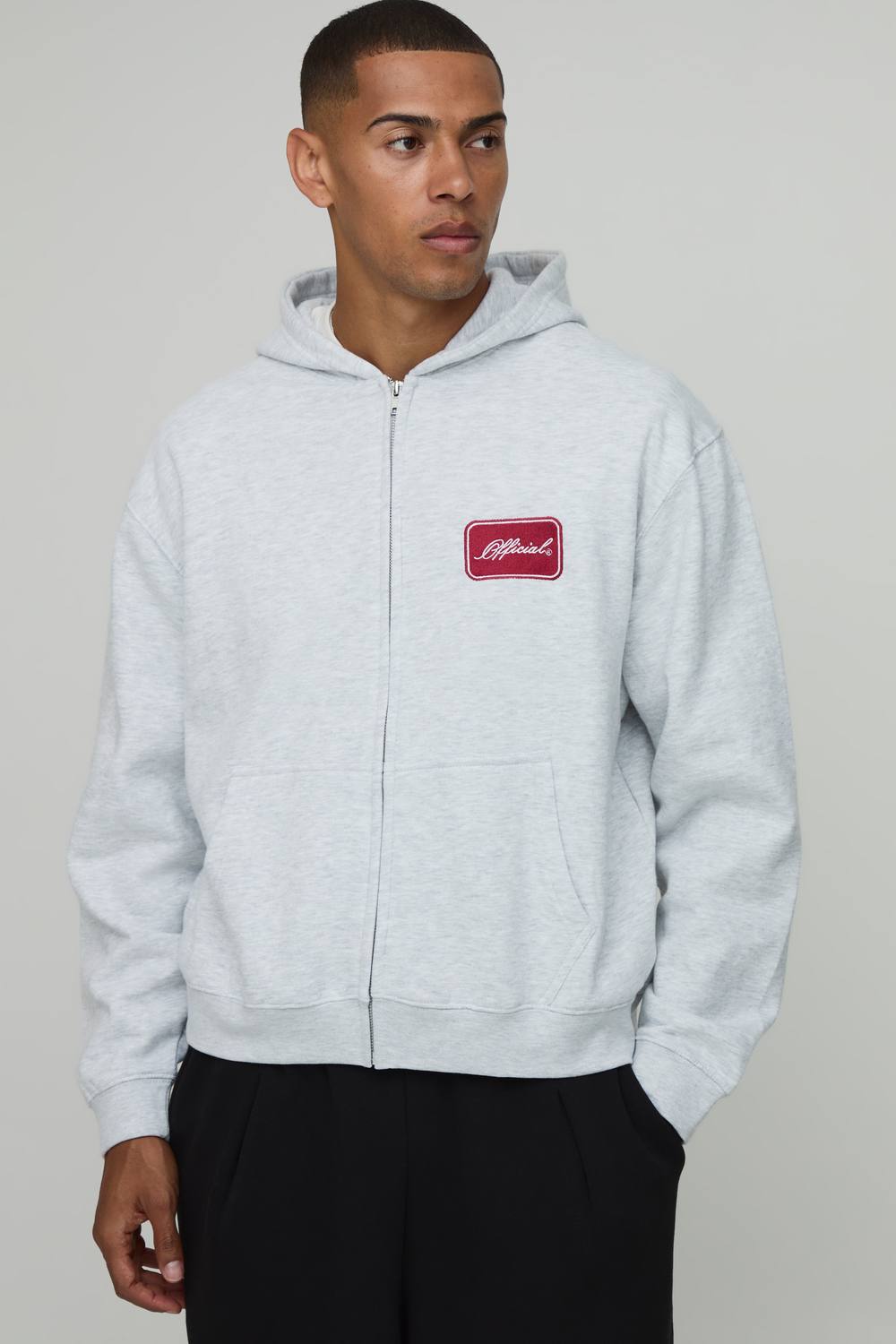 Oversized Boxy Official Embroidered Zip through Hoodie | Grey Marl | Size Medium