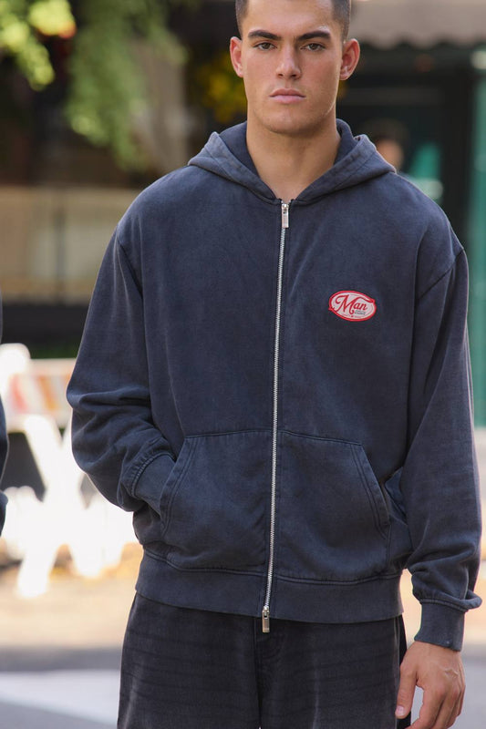 Oversized Man Applique Zip Through Washed Hoodie | Washed Black | Size Medium