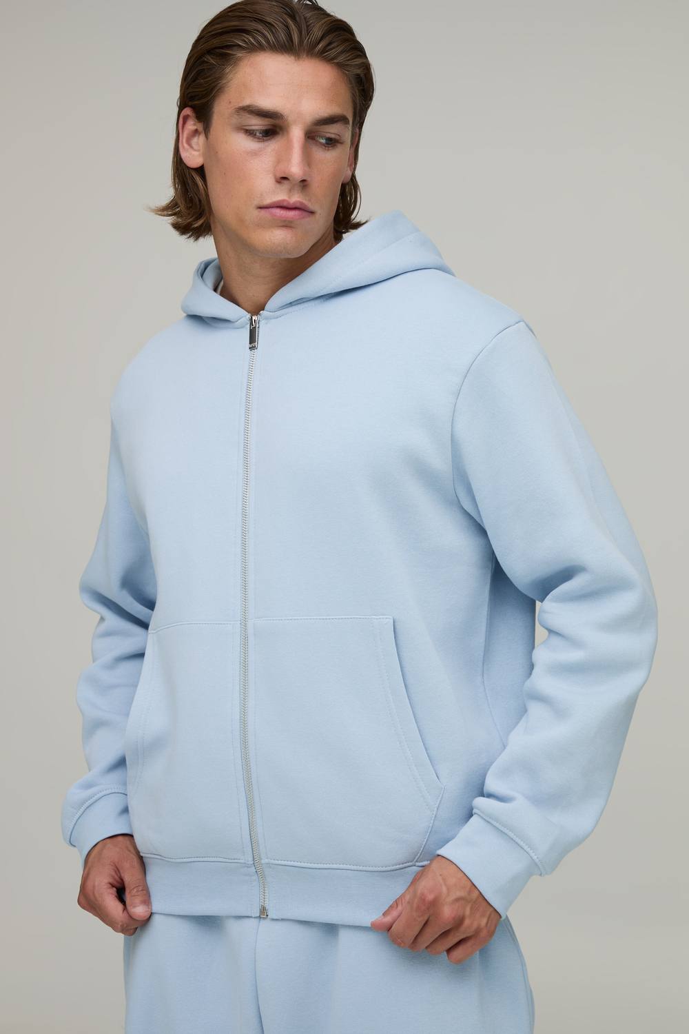 Essential Regular Fit Zip Through Hoodie | Light Blue | Size Medium