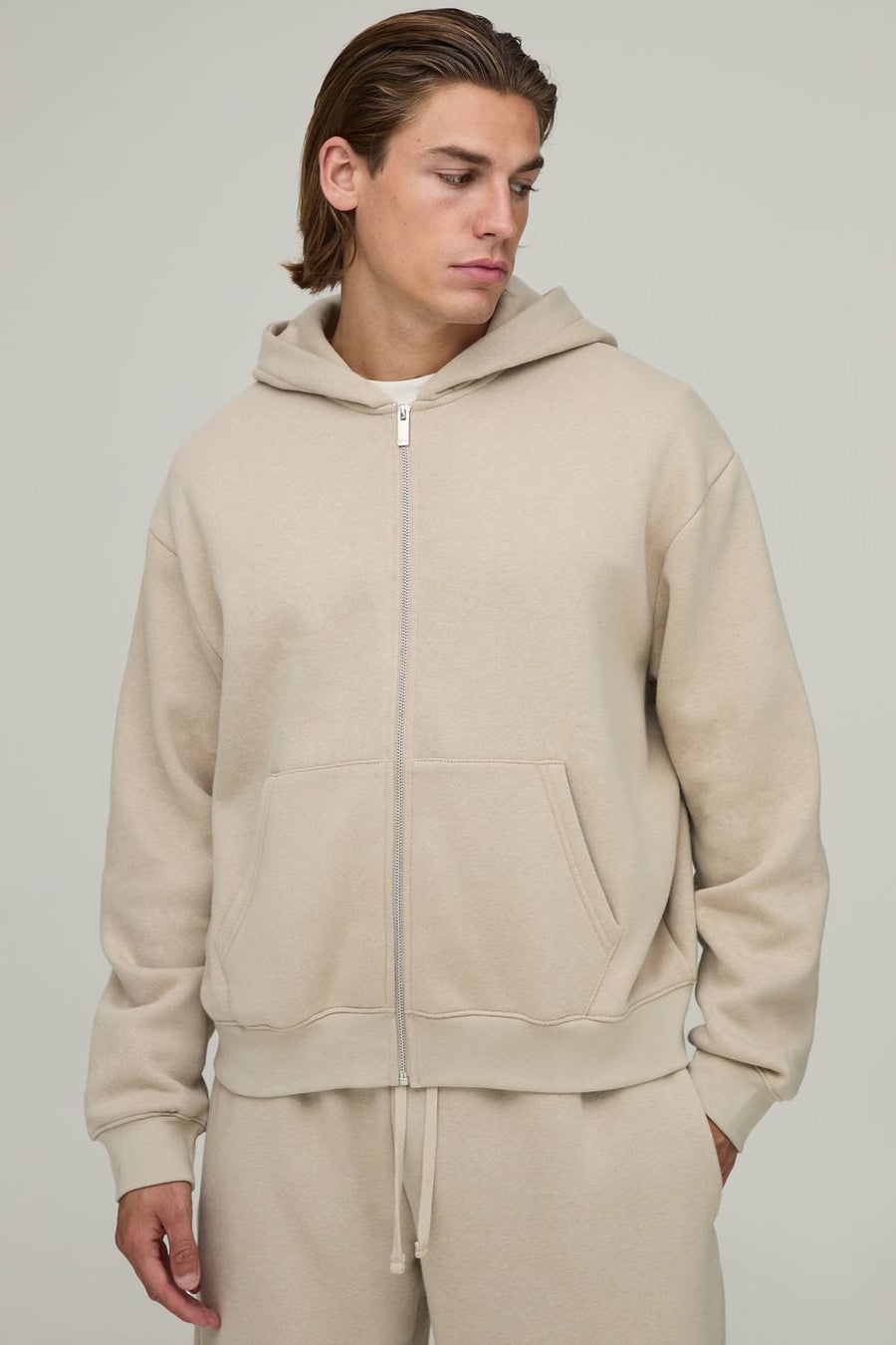 Essential Oversized Boxy Zip Through Hoodie | Stone | Size Medium