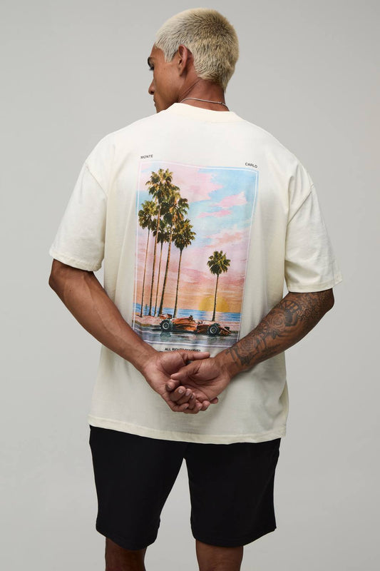 Men's Oversized Extended Neck Sports Car Palm Print T-Shirt & Shorts Set | Ecru | Size Medium | BOOHOOMAN