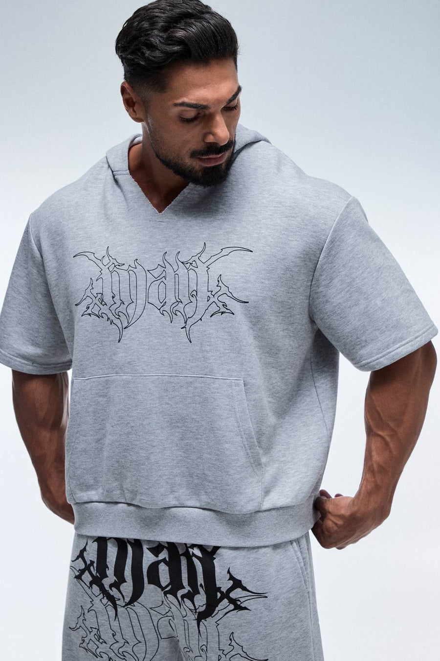 Man Active Boxy Short Sleeve Hoodie V Neck | Grey Marl | Size Medium