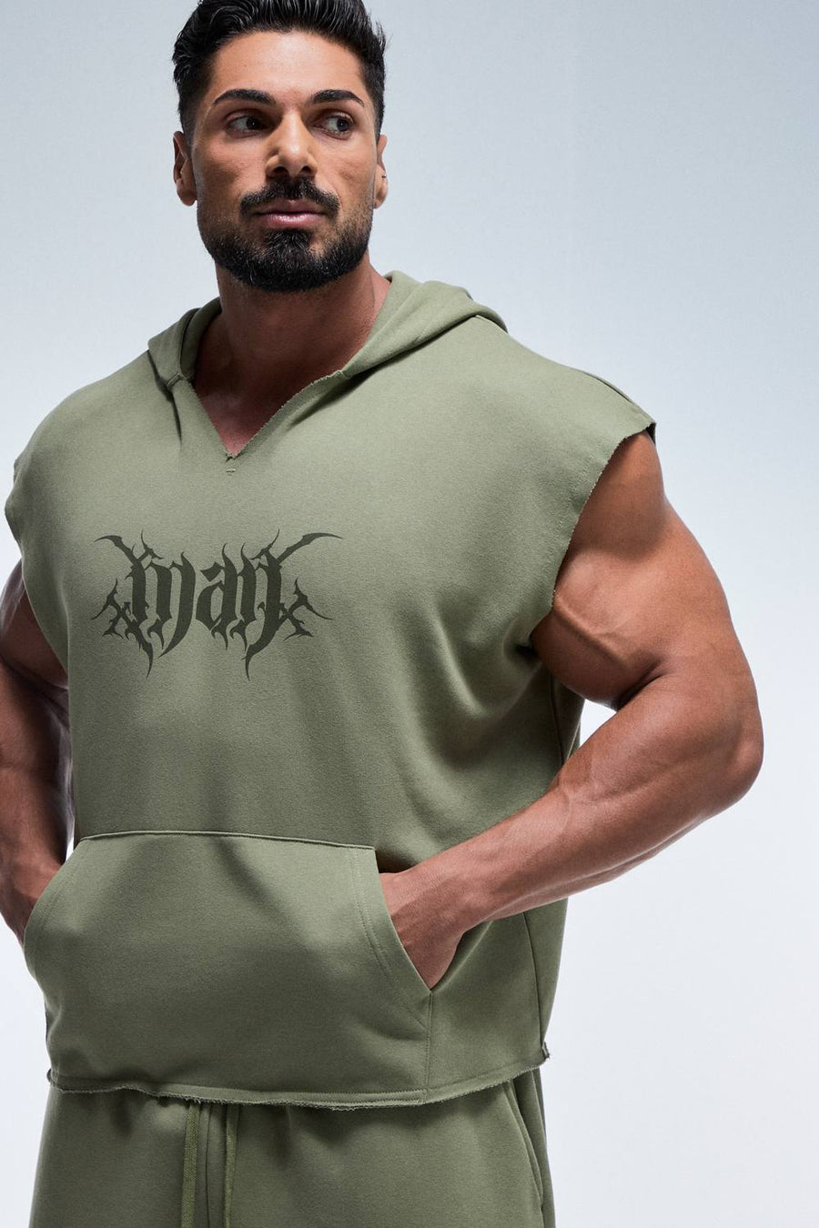 Man Active Boxy Sleeveless Hoodie V Neck | Olive | Size Large