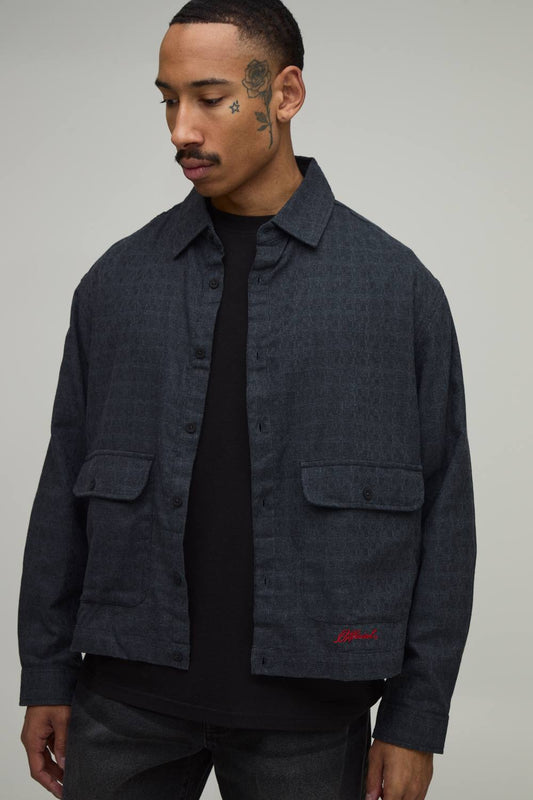 Men's Oversized Boxy Double Pocket Embroidered Textured Shirt | Black | Size Medium | BOOHOOMAN