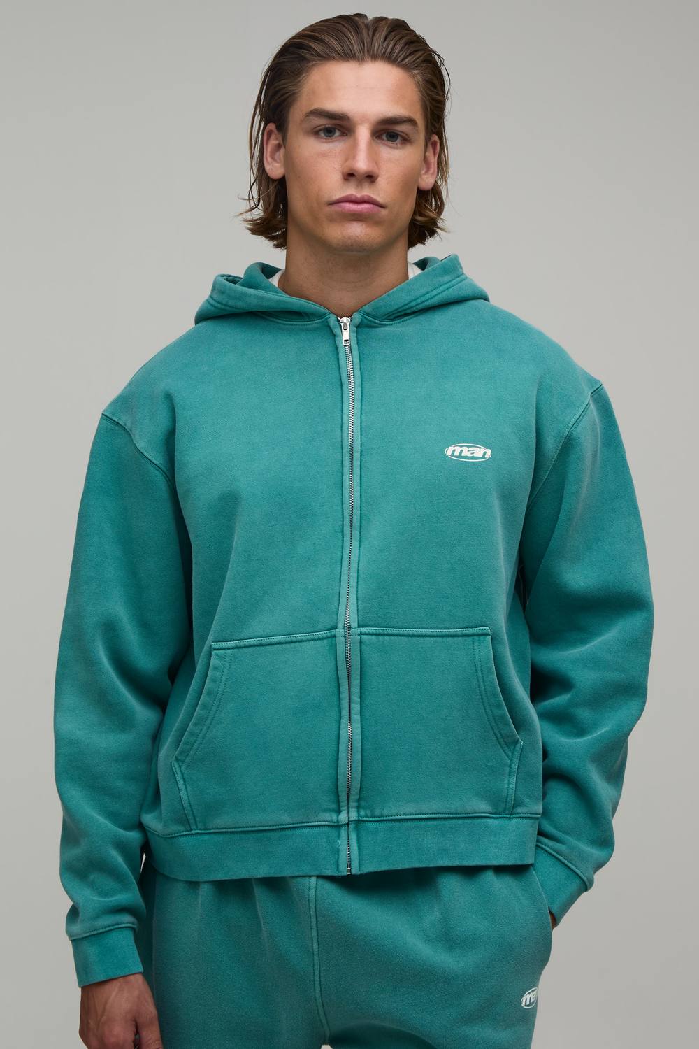 Oversized Boxy Man Sport Washed Zip Through Hoodie | Washed Teal | Size Medium