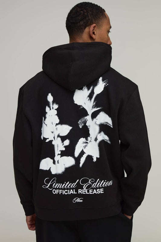 Oversized Man Script Floral Printed Hoodie | Black | Size XL