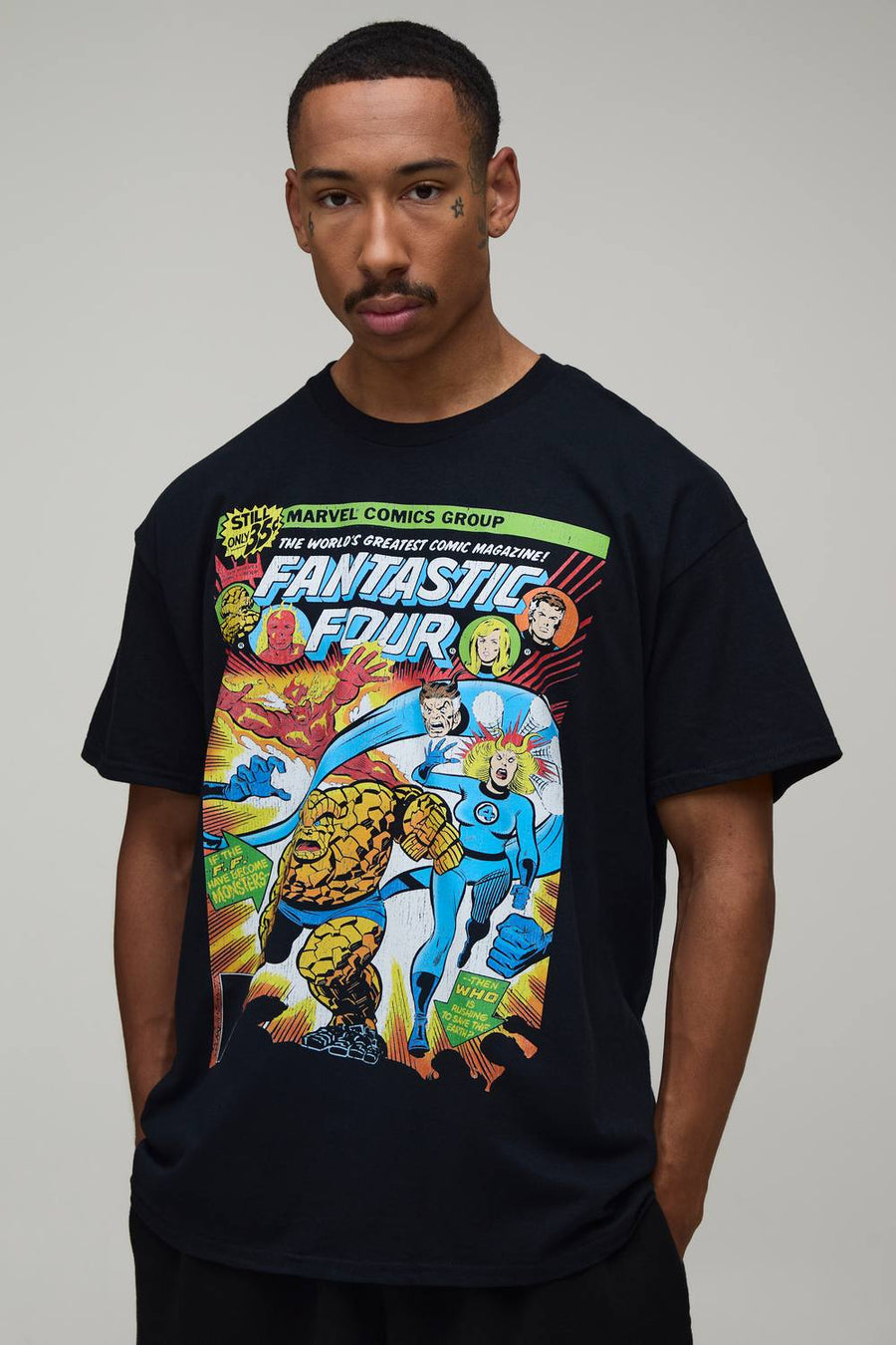 Men's Oversized Fantastic Four Print T-Shirt | Black | Size Medium | BOOHOOMAN