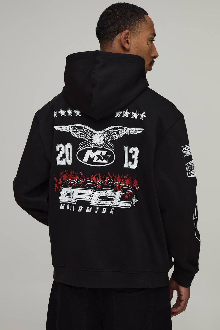 Black Oversized Moto Multi Graphic Hoodie | Size Medium