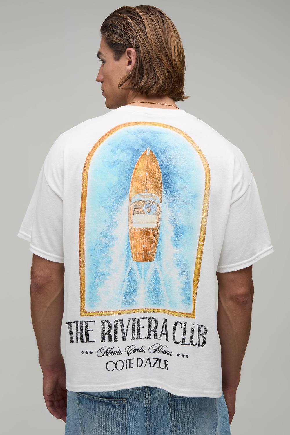 Men's Oversized Boxy Yacht Rivera Club Print T-Shirt | White | Size Medium | BOOHOOMAN