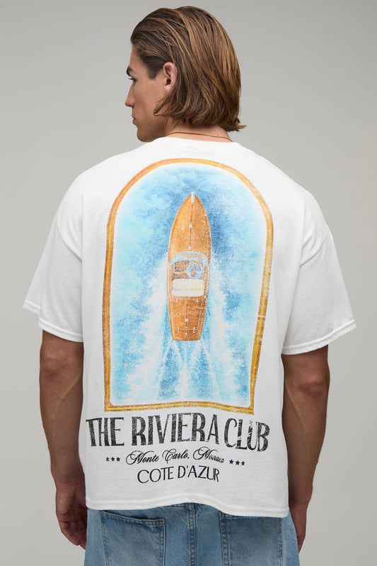 Men's Oversized Boxy Yacht Rivera Club Print T-Shirt | White | Size Medium | BOOHOOMAN