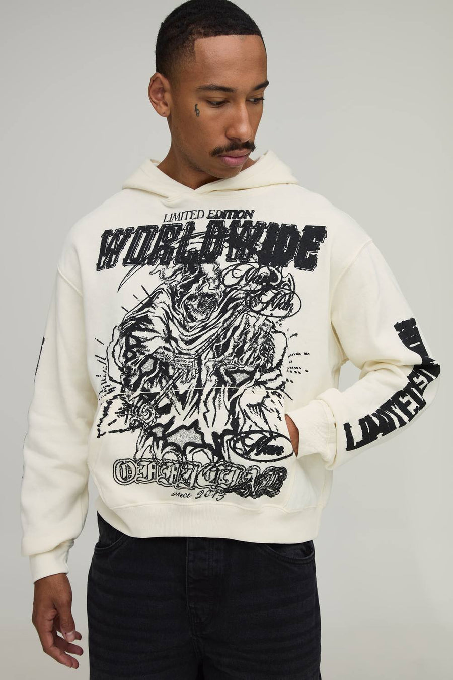 Ecru Oversized Boxy Limited Edition Reaper Print Hoodie | Size Medium