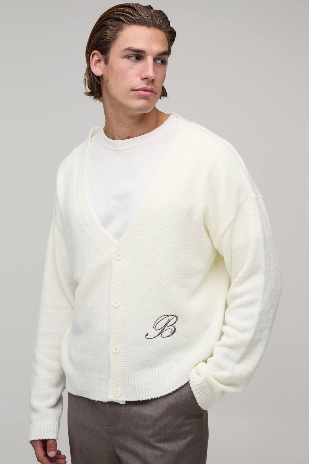 Men's Relaxed Boxy Boucle Branded Knitted Cardigan | Ecru | Size Medium | BOOHOOMAN
