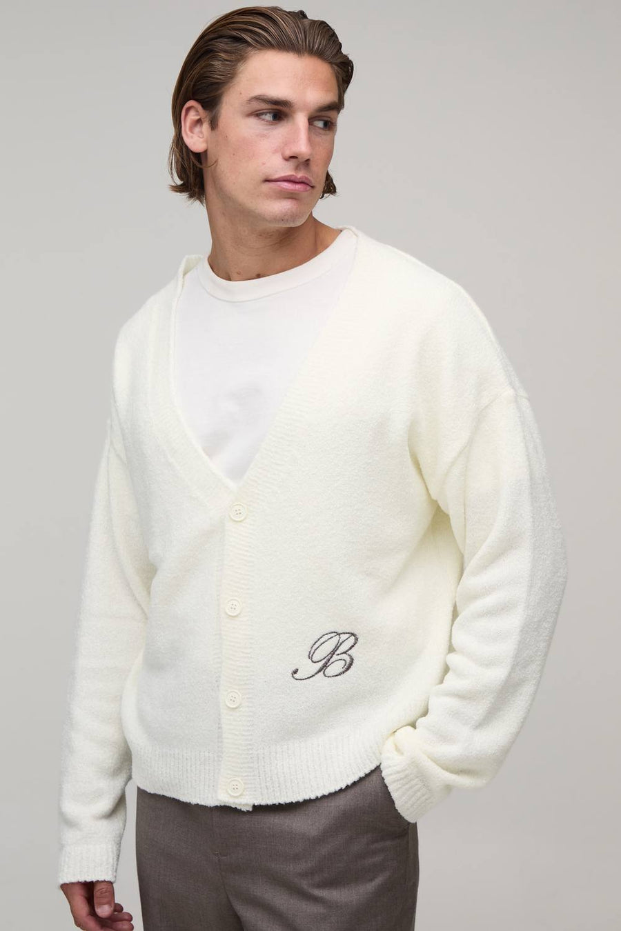 Men's Relaxed Boxy Boucle Branded Knitted Cardigan | Ecru | Size Medium | BOOHOOMAN