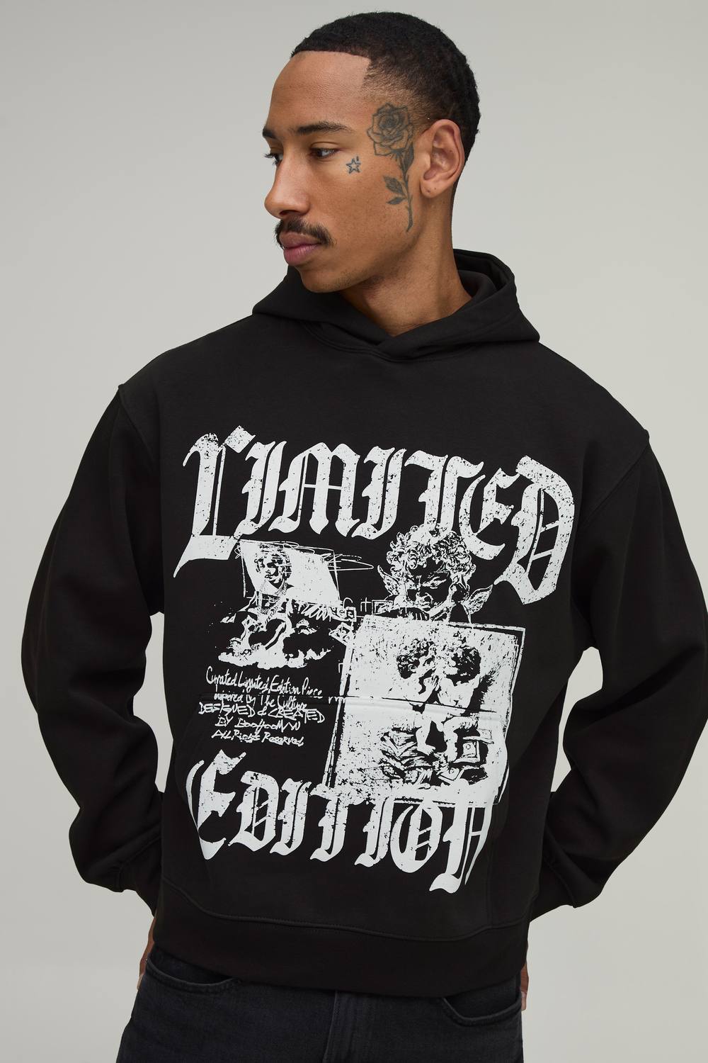 Oversized Renaissance Print Hoodie | Black | Size Medium