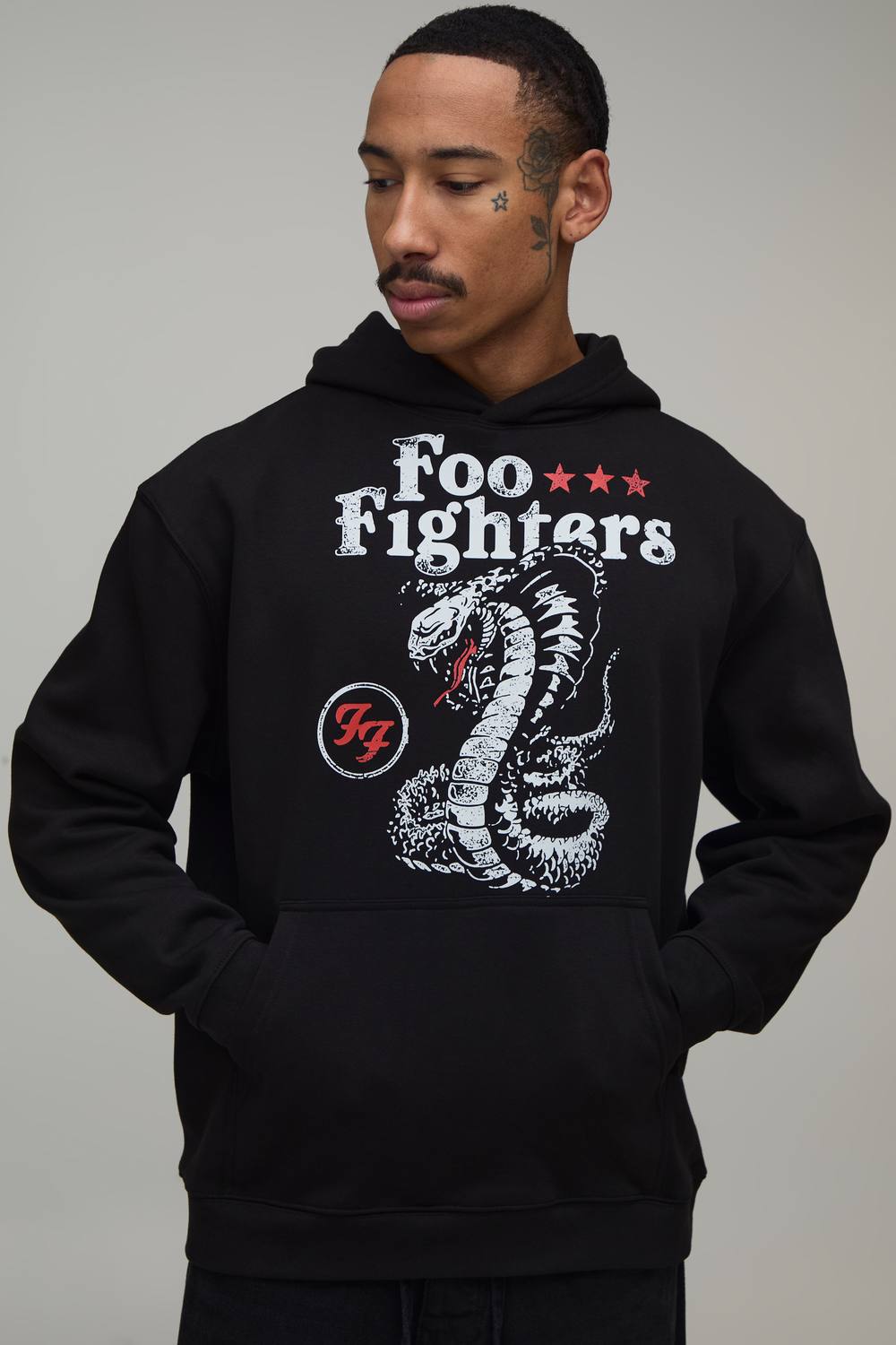 Oversized Foo Fighters Snake License Print Hoodie | Black | Size Medium