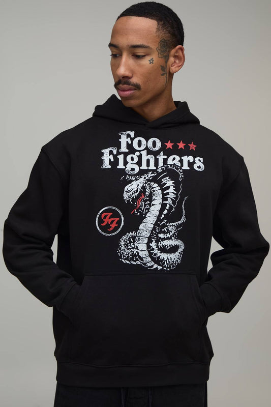 Oversized Foo Fighters Snake License Print Hoodie | Black | Size Medium