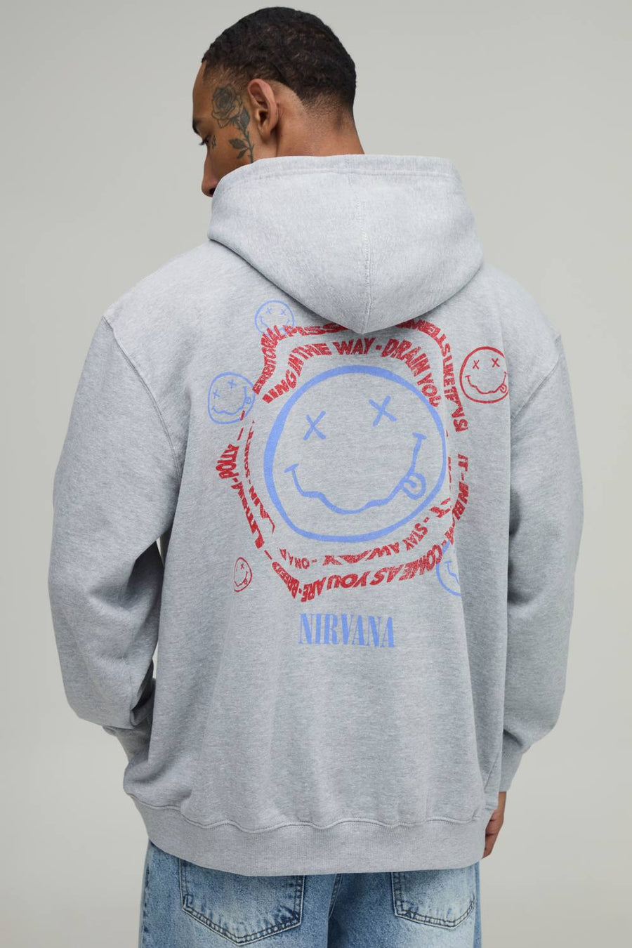 Oversized Nirvana Smiley Print License Hoodie | Grey Marl | Size Medium