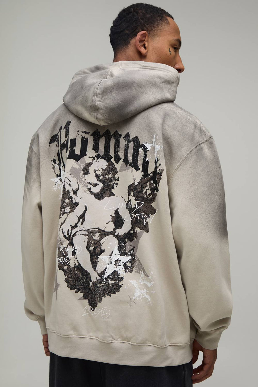 Stone Oversized Renaissance Print Spray Wash Hoodie | Size Medium