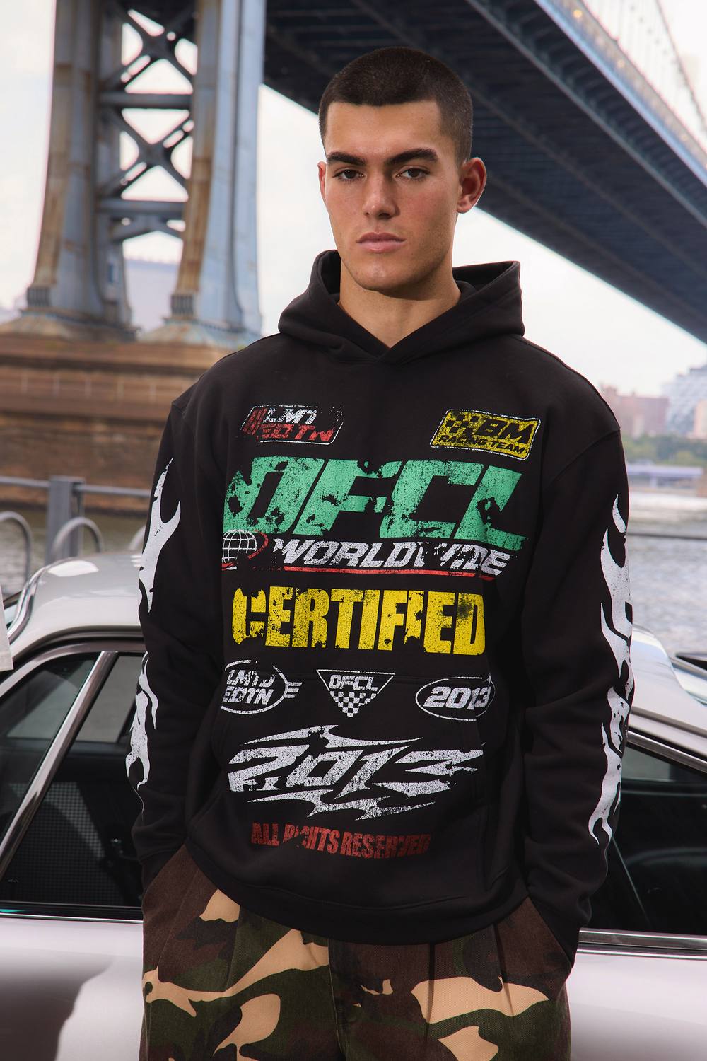Black Oversized Moto Print Hoodie | Size Medium