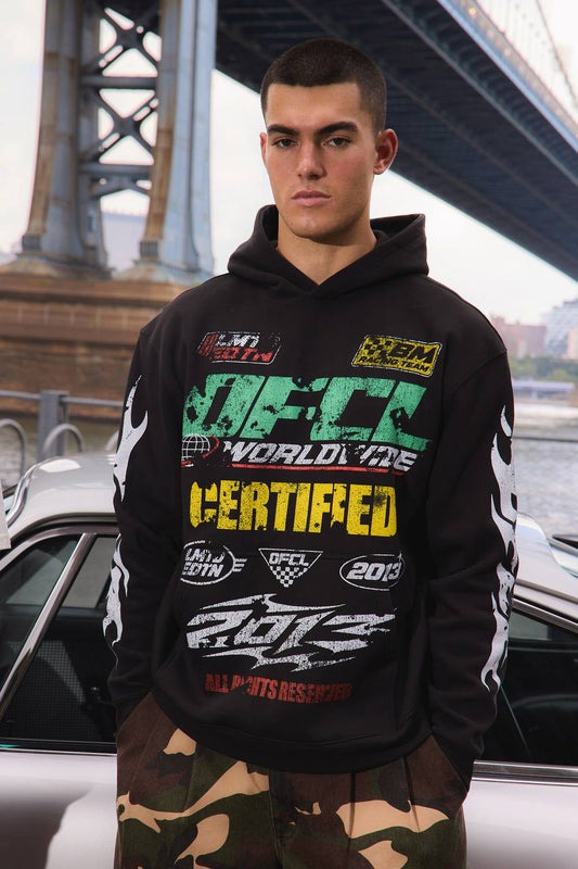 Black Oversized Moto Print Hoodie | Size Medium