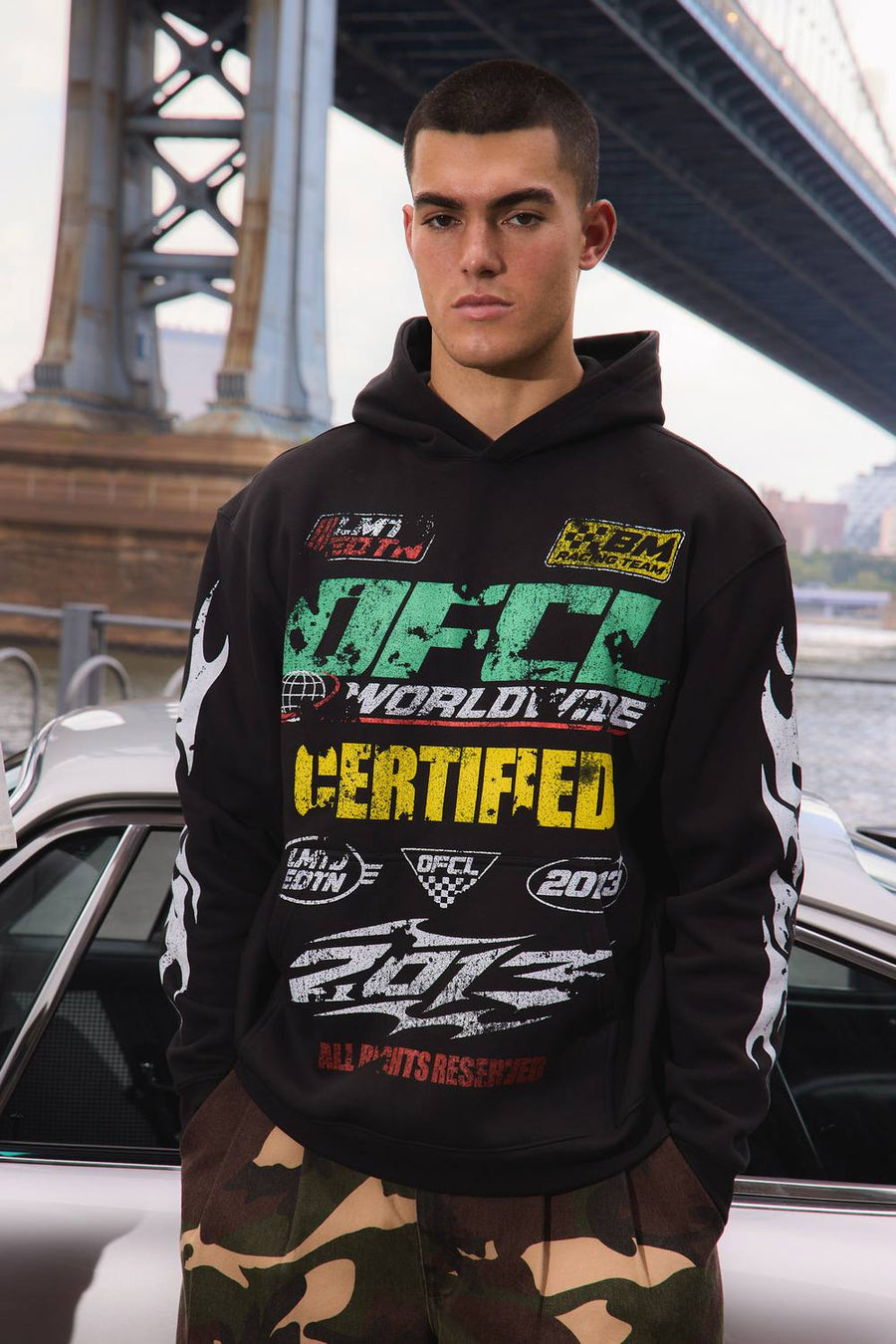 Black Oversized Moto Print Hoodie | Size Medium