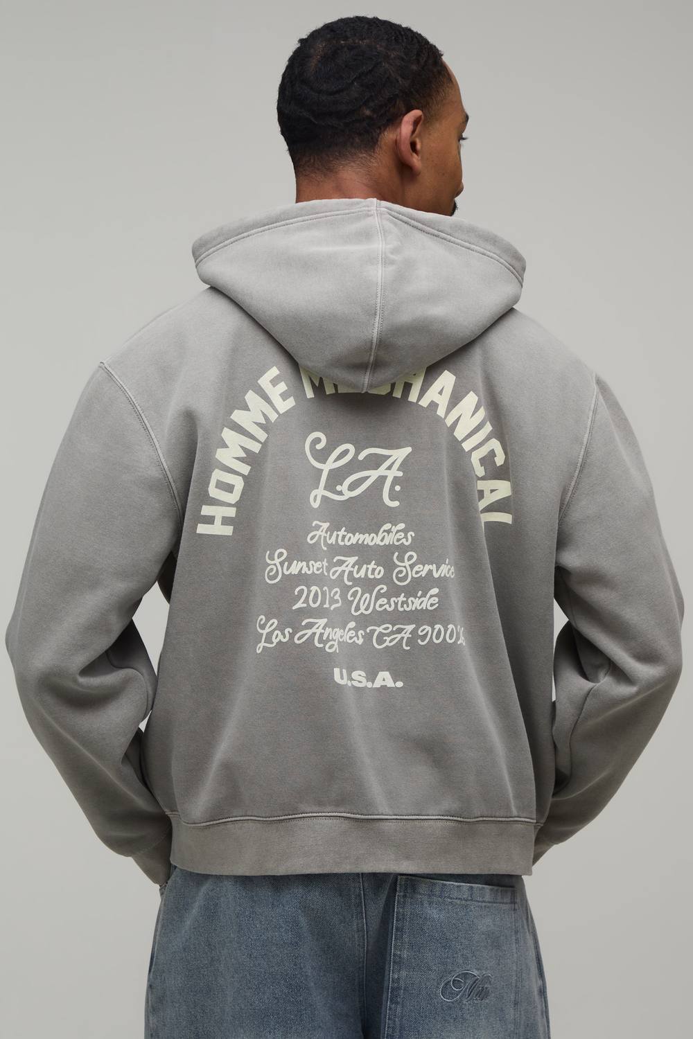 Washed Khaki Oversized Boxy Motor Print Zip Through Hoodie | Size Medium