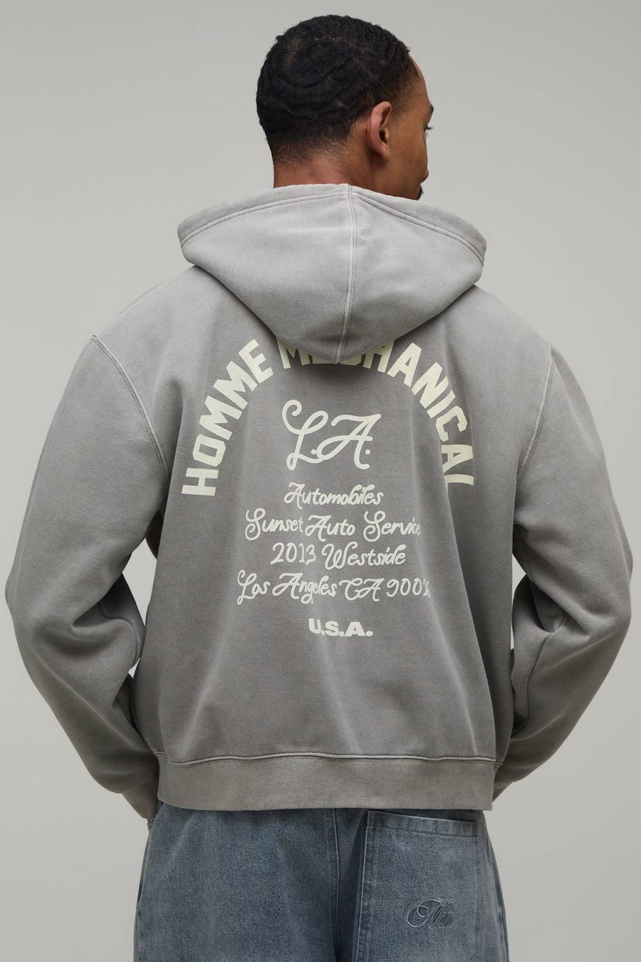 Washed Khaki Oversized Boxy Motor Print Zip Through Hoodie | Size Medium