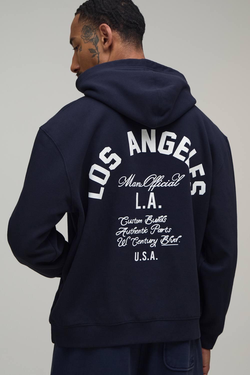 Washed Navy Oversized Los Angeles Print Hoodie | Size Medium