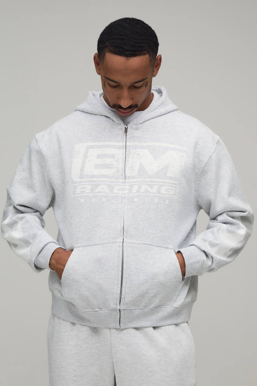 Grey Marl Oversized Boxy Racing Print Zip Through Hoodie | Size Medium