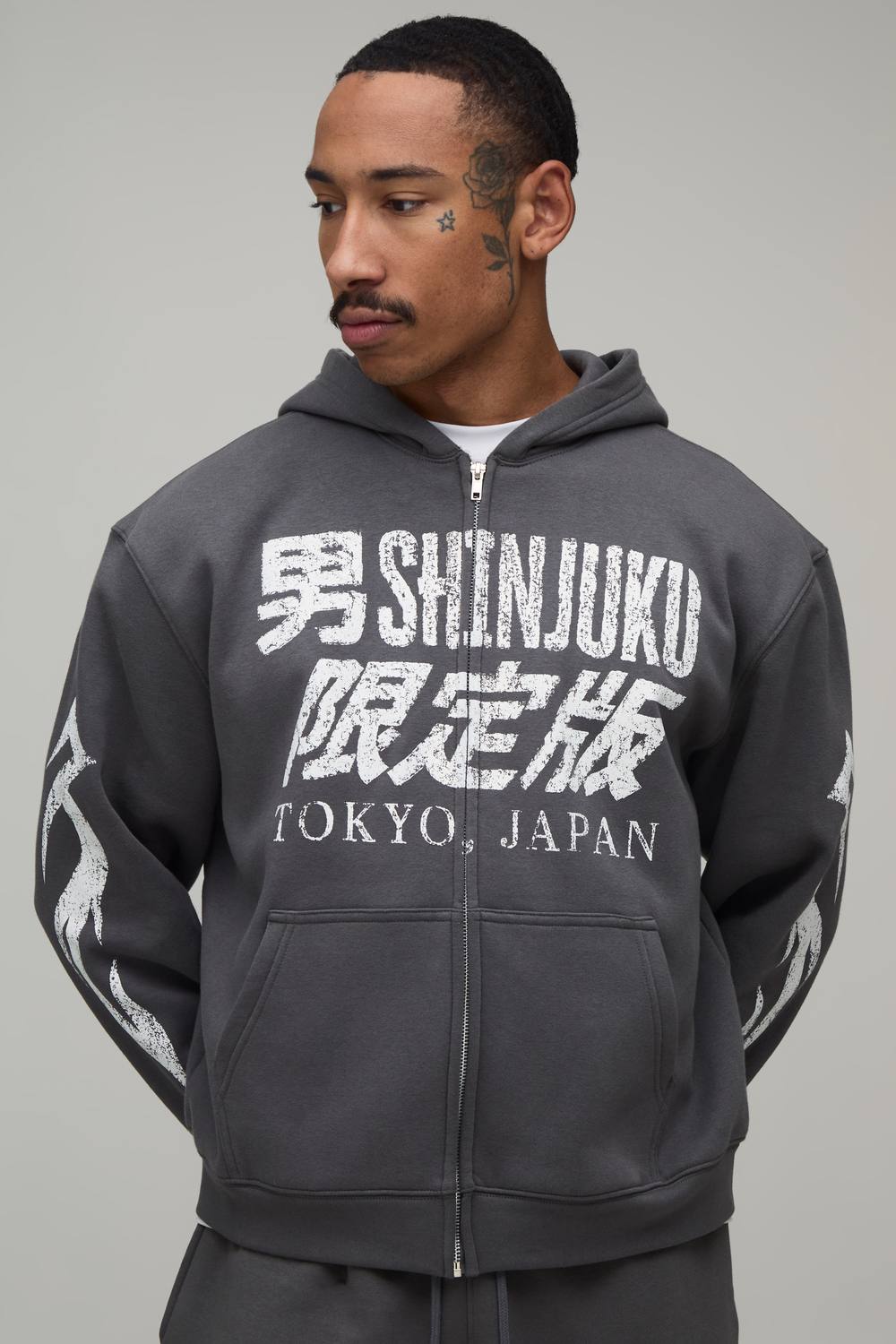 Charcoal Oversized Boxy Tokyo Moto Print Zip Through Hoodie | Size Medium