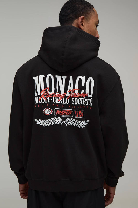 Black Oversized Monaco Moto Print Hoodie | Size Medium