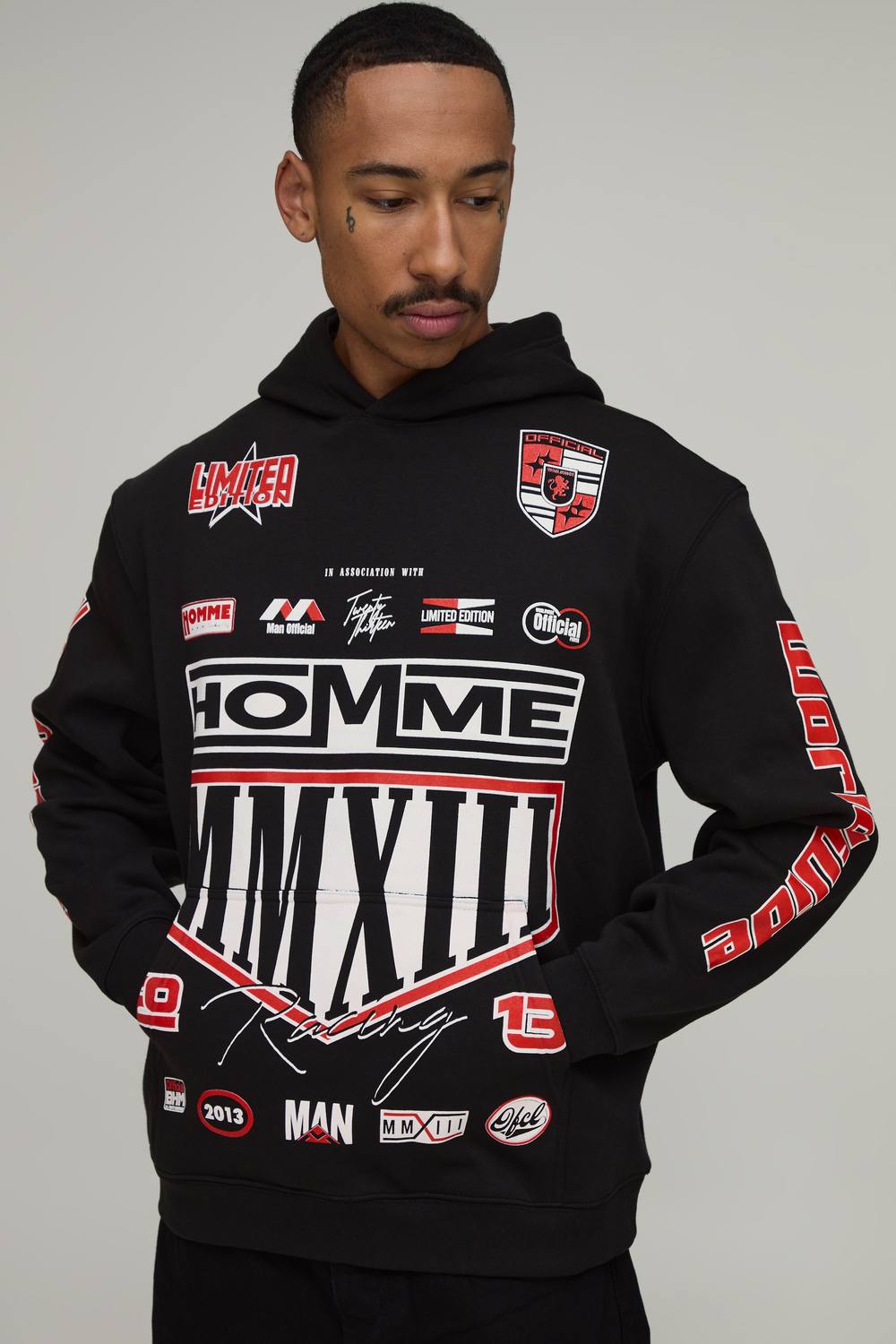 Black Oversized Moto Crest Print Hoodie | Size Medium