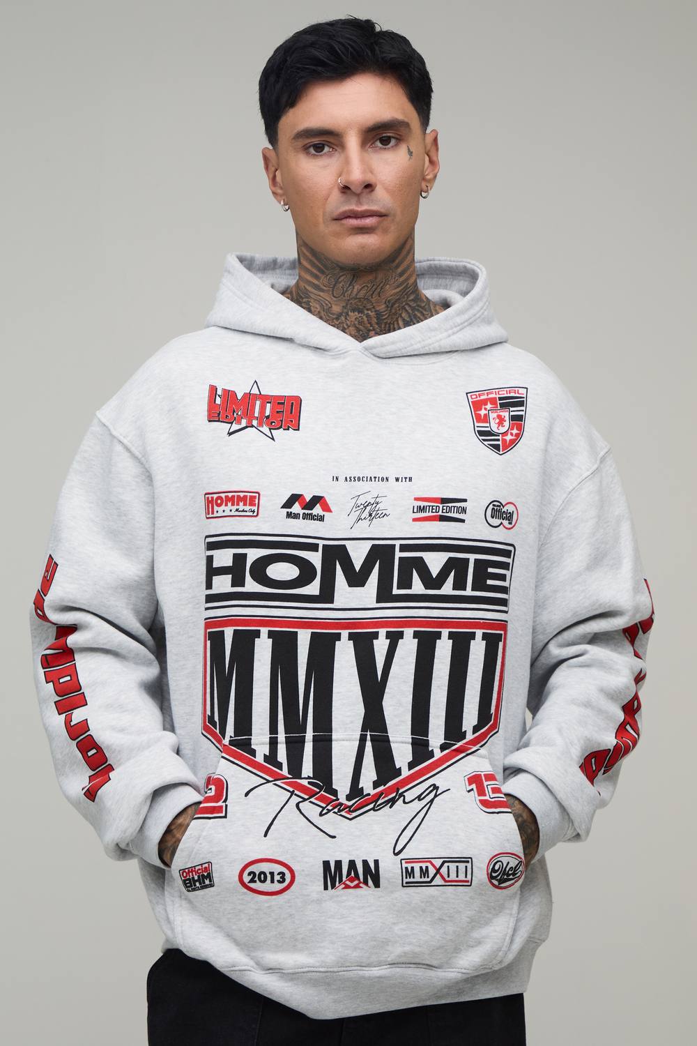 Tall Grey Marl Oversized Moto Crest Print Hoodie | Size Medium