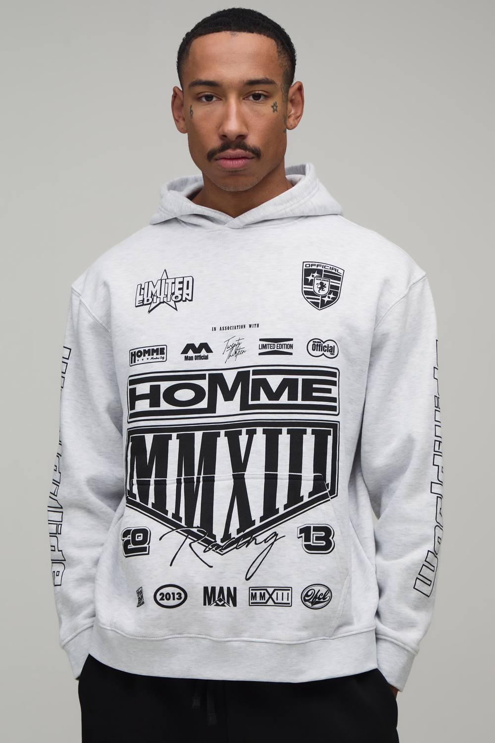Men's Oversized Moto Crest Print Hoodie | Grey Marl | Size Medium | BOOHOOMAN