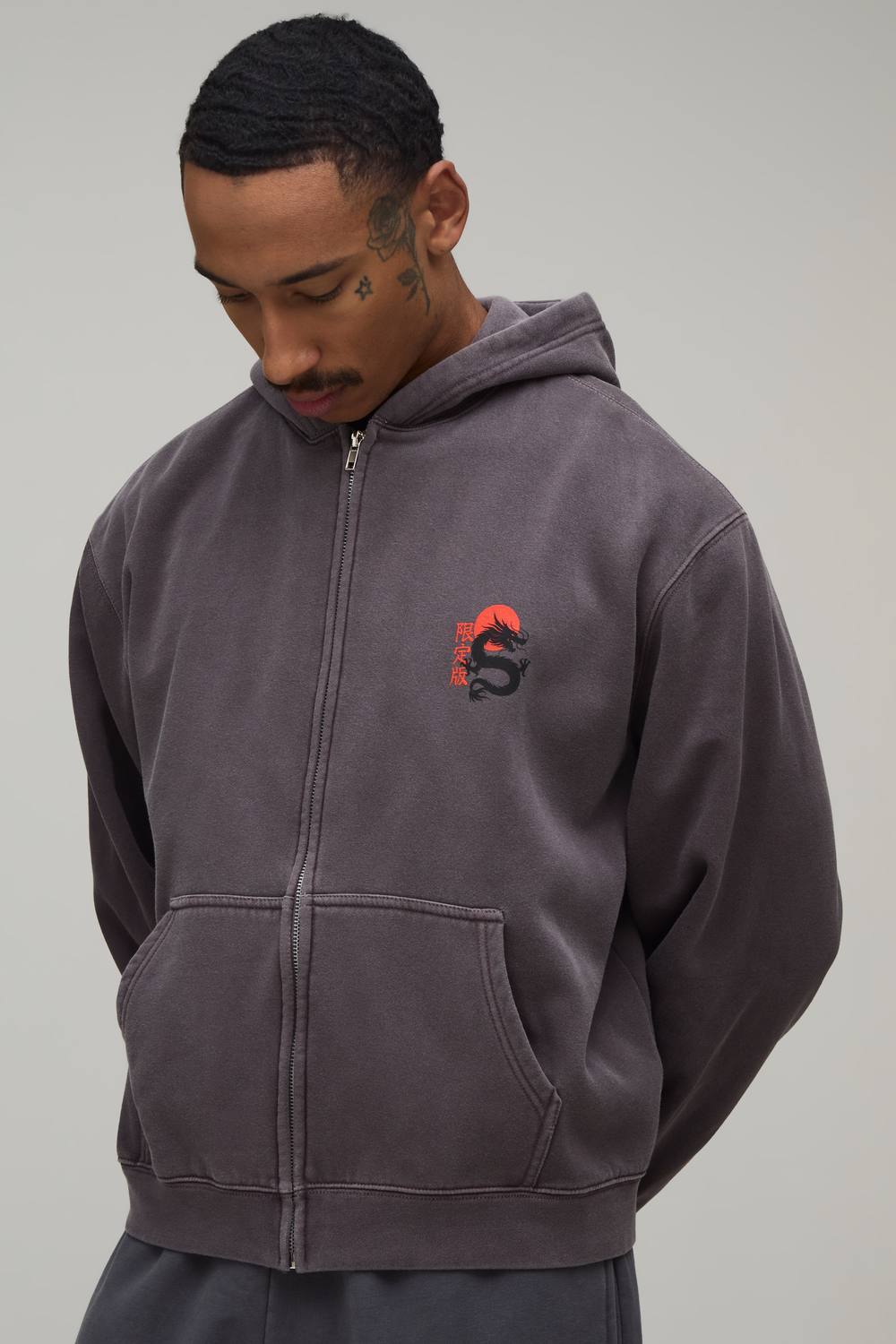 Oversized Boxy Dragon Washed Zip Through Hoodie | Washed Chocolate | Size Medium