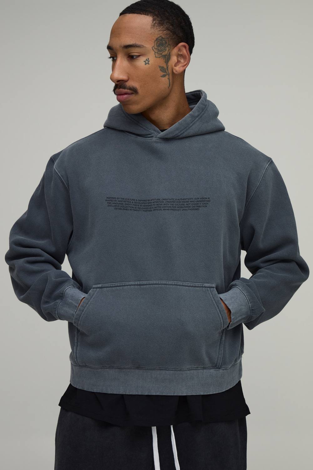 Oversized Boxy Text Washed Hoodie | Washed Charcoal | Size Medium