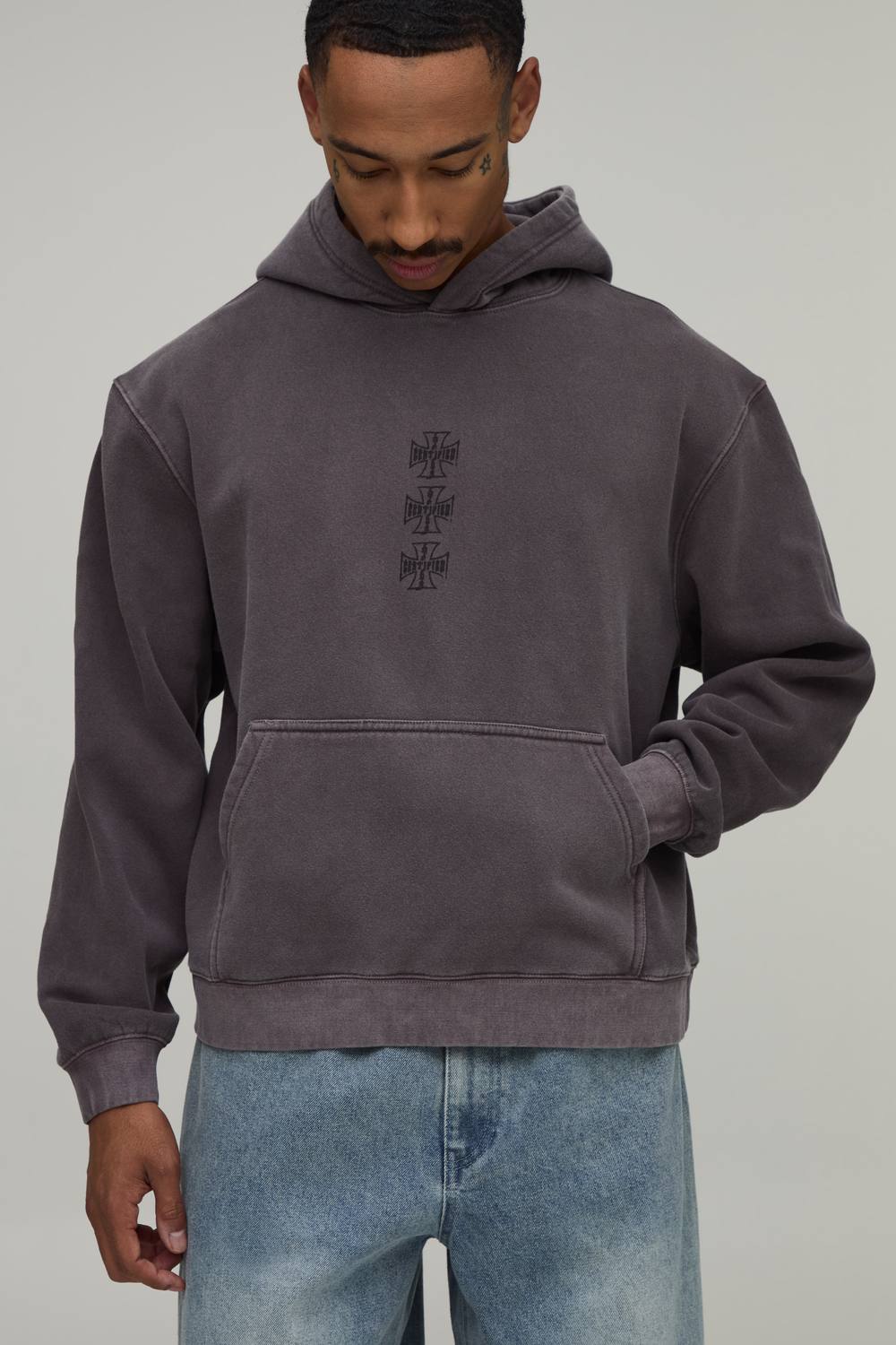 Oversized Boxy Cross Washed Hoodie | Washed Chocolate | Size Medium