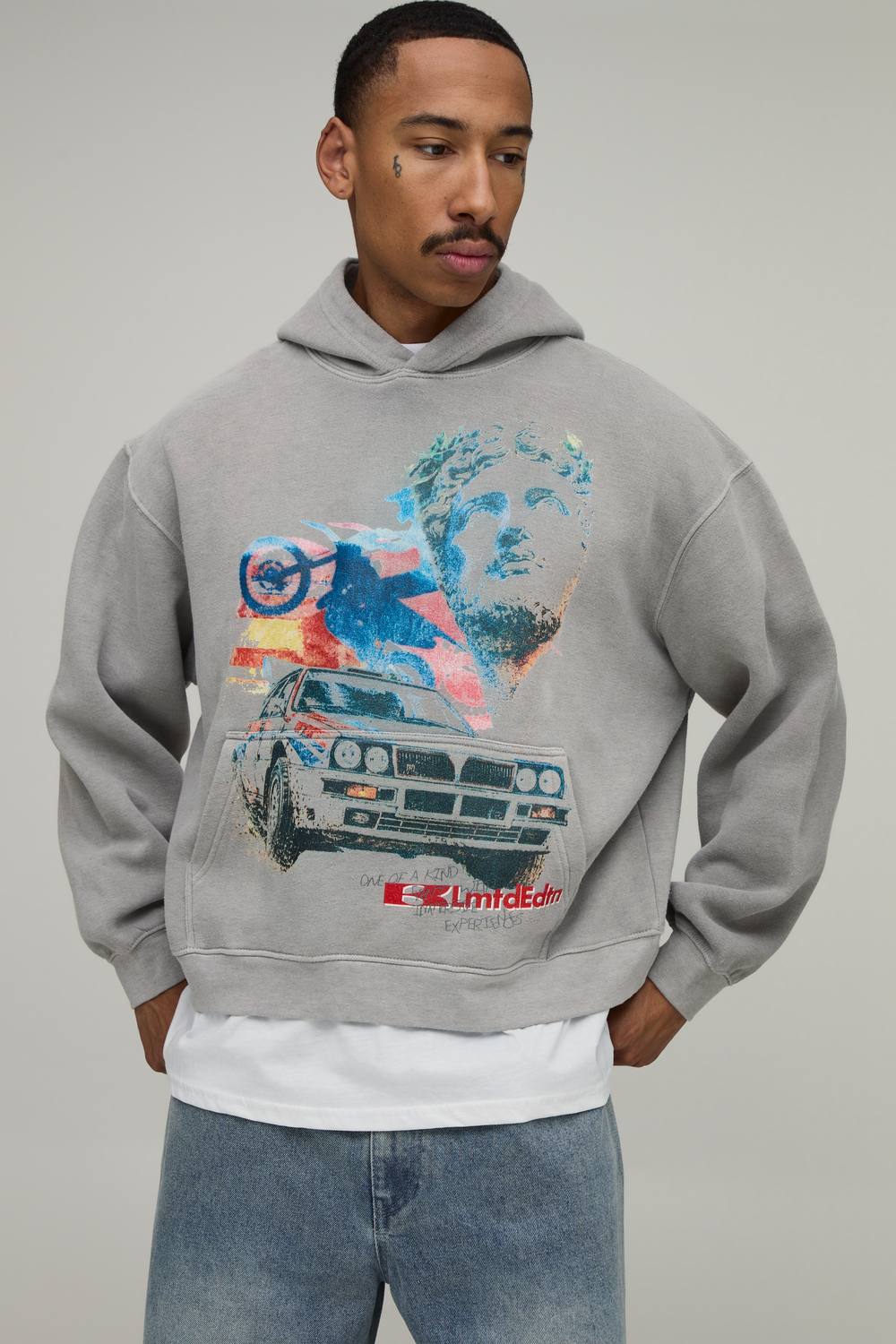 Oversized Boxy Moto Graphic Washed Hoodie | Mushroom | Size Medium