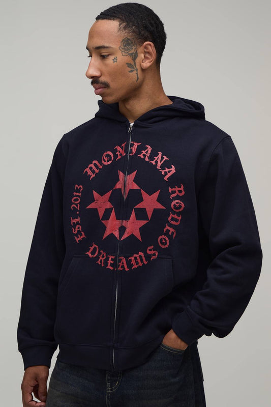 Navy Oversized Boxy Rodeo Star Print Zip Through Hoodie | Size Medium