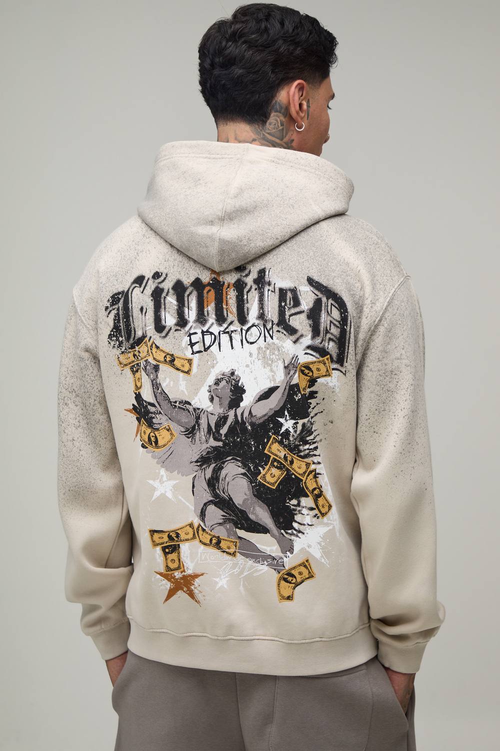 Tall Oversized Renaissance Print Spray Wash Hoodie | Stone | Size Medium