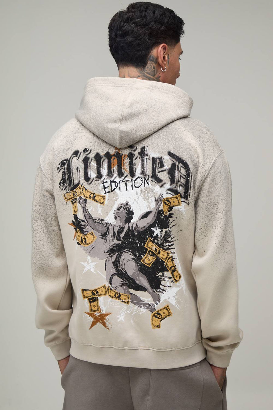 Tall Oversized Renaissance Print Spray Wash Hoodie | Stone | Size Medium