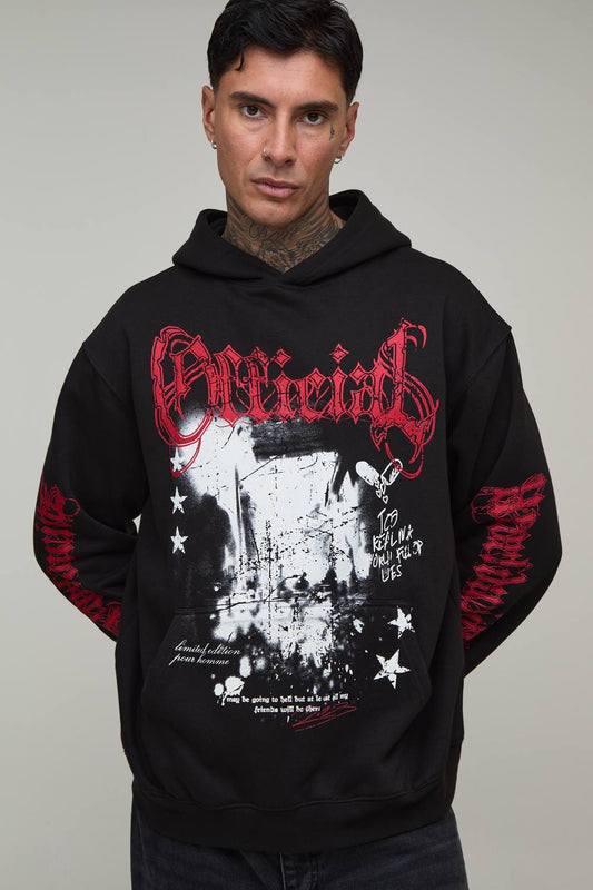 Tall Oversized Gothic Print Hoodie | Black | Size Medium