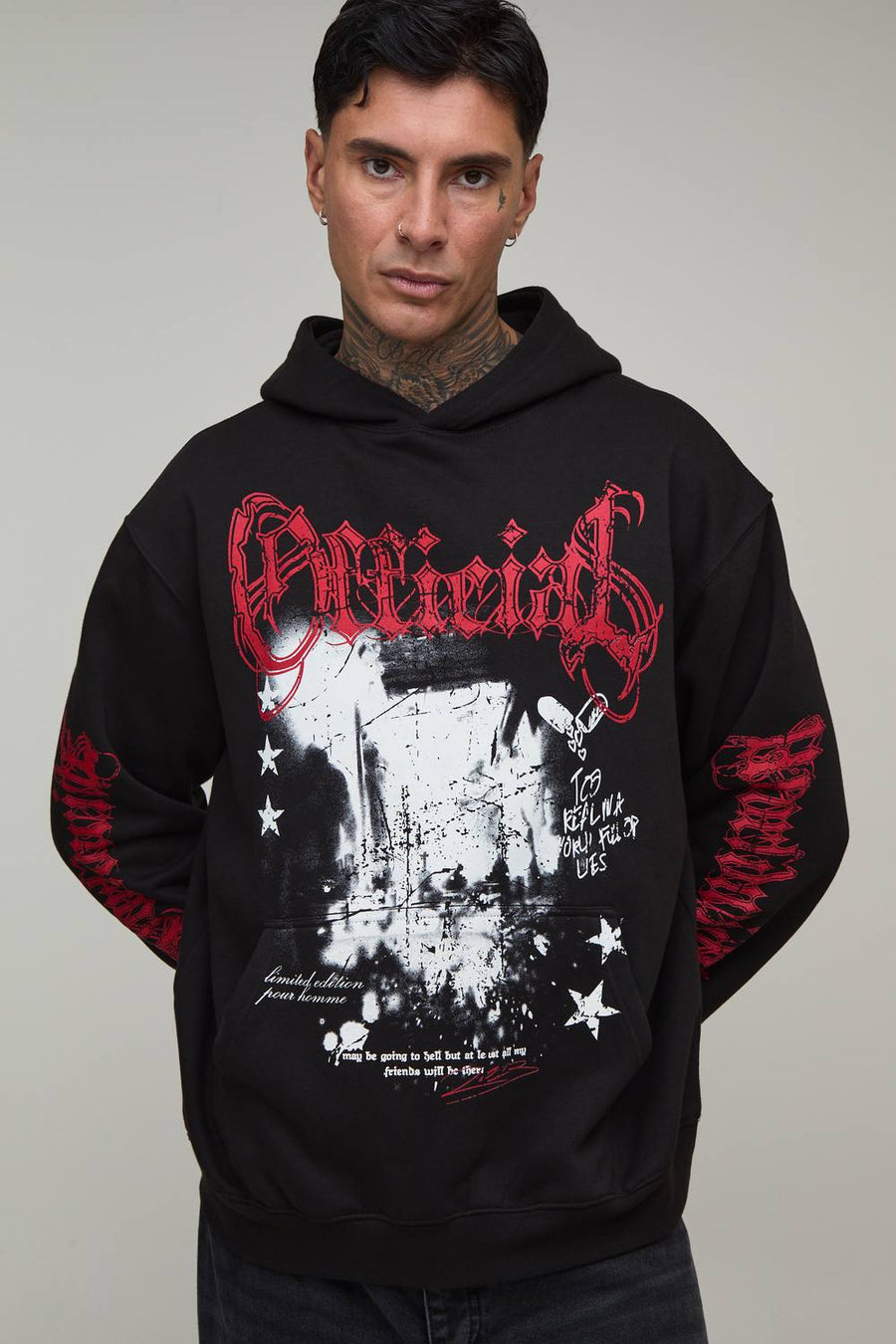 Tall Oversized Gothic Print Hoodie | Black | Size Medium