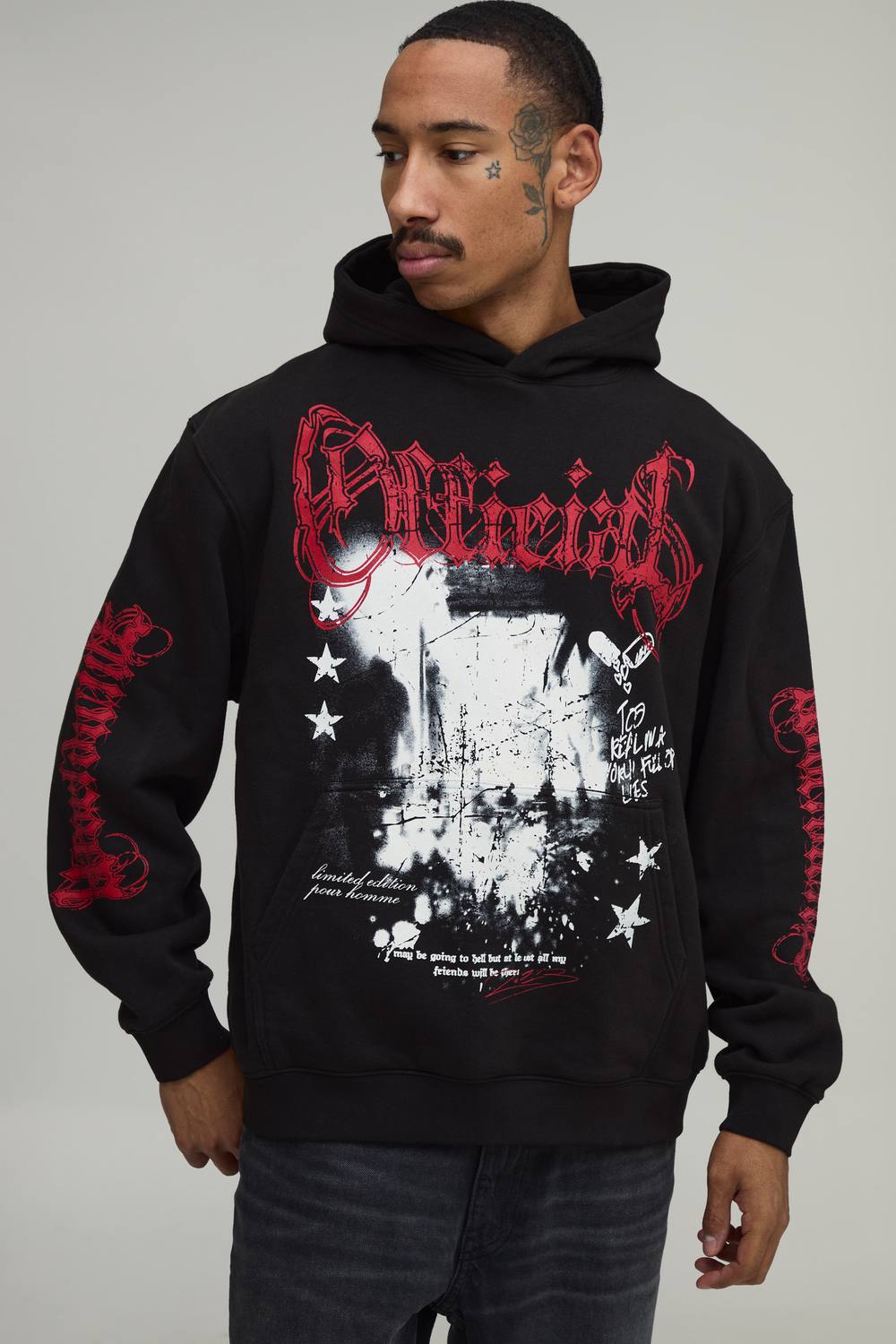 Oversized Gothic Print Hoodie | Black | Size Medium