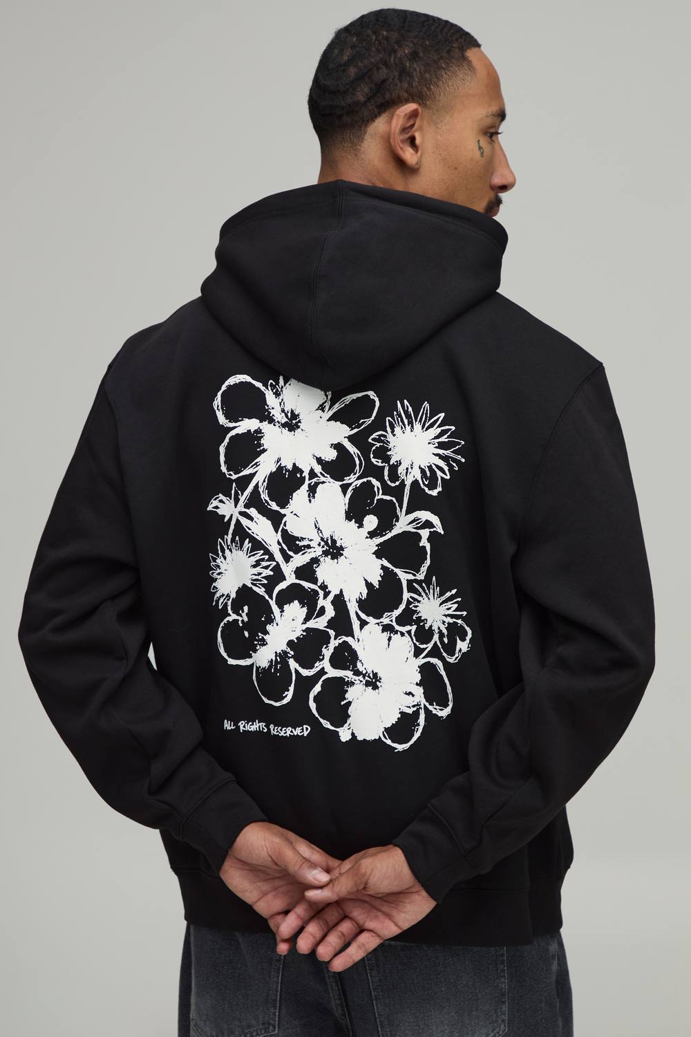 Black Oversized Floral Sketch Print Hoodie | Size Medium